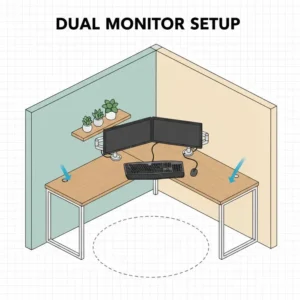 A productivity workstation with dual monitors on an l shaped light wood desk.