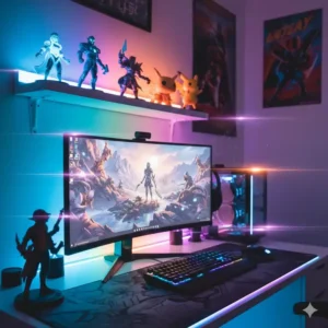 Stylized collectible desk statues from popular movies integrated into a high-tech gaming desk setup.