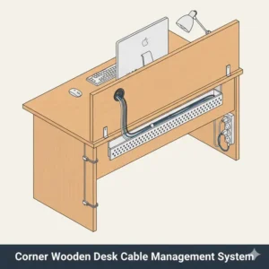 Illustration of the cable management features on a corner wooden desk to keep computer wires hidden and organized.