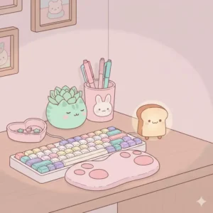 Close-up shot of essential kawaii desk accessories like paw-shaped wrist rests.