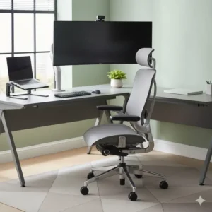 Ergonomic office chair paired with a functional gray corner desk for better posture.