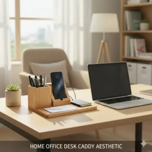A cozy home office illustration featuring a sleek desk caddy next to a laptop and a potted plant.