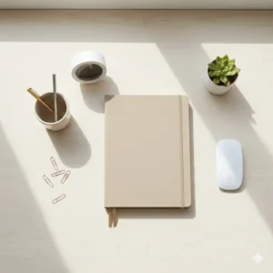 A clean and organized minimalist workspace featuring pretty office stationery items.