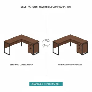 Graphic showing both left and right-hand configurations for a reversible corner desk with filing cabinet.
