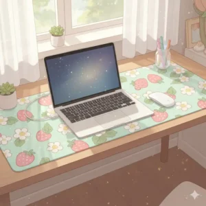 A large strawberry-themed desk mat designed to match other aesthetic kawaii desk accessories.