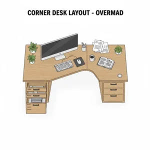 An overhead top-down view showing the spacious workspace of a corner desk with file drawers.
