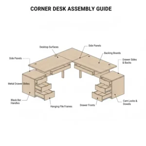 Complete assembly parts and hardware diagram for a sturdy corner desk with file drawers.