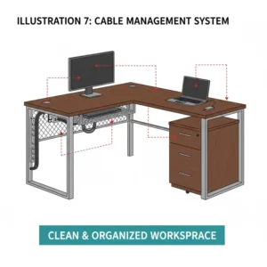 Illustration of the integrated power outlets and wire clips on a corner desk with filing cabinet.