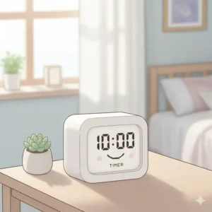 A minimalist white digital clock with a pixel-art face, perfect for modern kawaii desk accessories lovers.