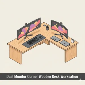 Illustration of a large corner wooden desk accommodating a dual monitor setup for gaming or professional productivity.