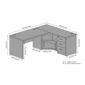 Technical drawing showing the exact measurements and dimensions of the gray corner desk.