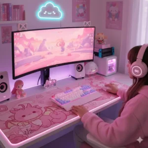 A cozy kawaii desk at night glowing with soft purple and pink LED lights.