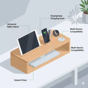 Functional illustration showing a tablet and smartphone charging dock built into the stand up desk organizer.
