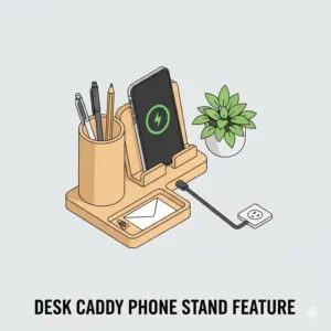 Close-up illustration of a desk caddy with a built-in charging dock and smartphone stand.
