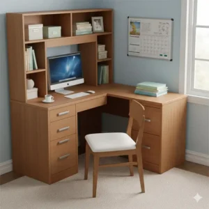 Functional wrap around desks with built-in storage drawers and shelves.
