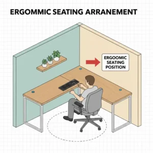 Ergonomic chair placement for maximum comfort at an l shaped light wood desk.