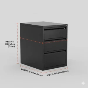 Technical diagram showing the detailed height and width dimensions of a 3 drawer office file cabinet.