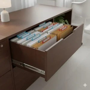 Interior view of a lateral credenza filing cabinet drawer holding letter and legal-sized hanging folders.