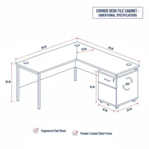 Technical blueprint showing the exact height and width measurements of a corner desk file cabinet.