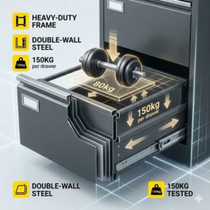 Illustration showing the reinforced steel frame and high weight capacity of a heavy duty file cabinet drawer.