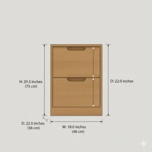 Technical drawing showing the detailed dimensions of an oak filing cabinet 2 drawer model.
