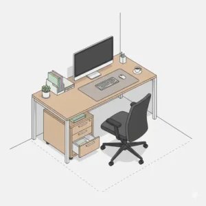 An isometric illustration showing an ergonomic desk with filing cabinet for better workflow.