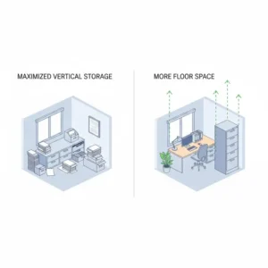 Diagram showing how to save office floor space by using vertical filing cabinets in small work areas.
