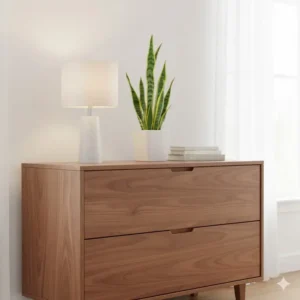 Top surface of a walnut credenza filing cabinet styled with a table lamp and indoor plants.