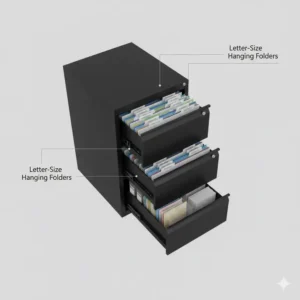 Top-down view showing the organized interior storage capacity of a 3 drawer office file cabinet.