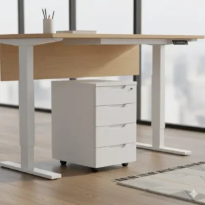 Efficient under-desk storage solution showing mobile modern office furniture file cabinets on wheels.