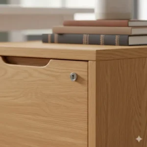 Close-up view of the natural wood grain and finish on an oak filing cabinet 2 drawer.
