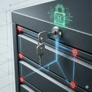 A close-up illustration of the secure central locking system on a heavy duty file cabinet.