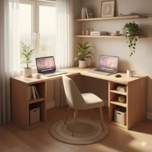 A custom desk designed to fit perfectly into a small apartment corner nook to maximize space.