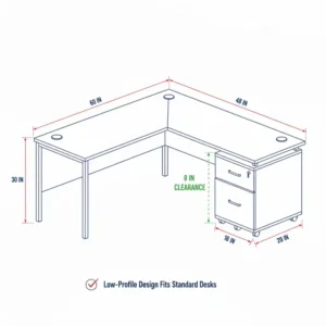 Illustration showing the low-profile clearance of a compact corner desk file cabinet fitting under a desk.
