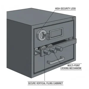 Close-up of a high-security locking system on metal vertical filing cabinets for sensitive file protection.