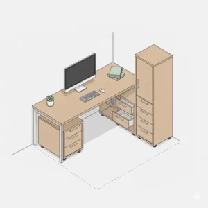 A space-saving desk with filing cabinet designed for small apartments and compact offices.