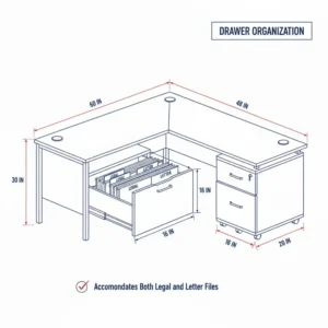 Interior view of a corner desk file cabinet drawer organized with legal and letter-sized hanging folders.
