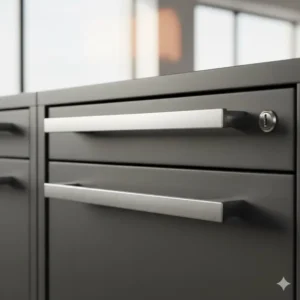Close-up detail of the durable metal finish on these industrial modern office furniture file cabinets.