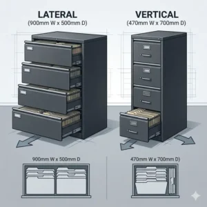 A comparison diagram showing the difference between lateral and vertical heavy duty file cabinet styles.