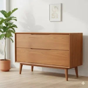 Mid-century modern style credenza filing cabinet with tapered legs and acorn wood finish.