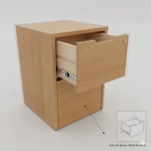 Illustration of the smooth-action metal runners inside an oak filing cabinet 2 drawer.