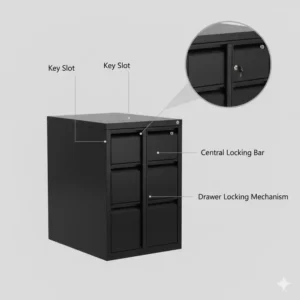 Close-up illustration of the secure central locking mechanism on a 3 drawer office file cabinet.