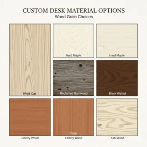 Illustration of various wood types for a custom desk including oak, maple, and reclaimed wood.