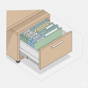 Close up view of organized drawers in a professional desk with filing cabinet.