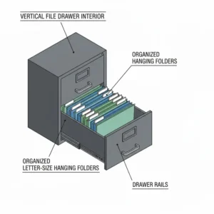 Internal view of open drawers in vertical filing cabinets showing organized hanging folders.