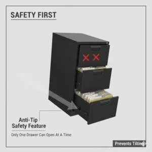 Safety infographic demonstrating the anti-tip interlocking system of a 3 drawer office file cabinet.