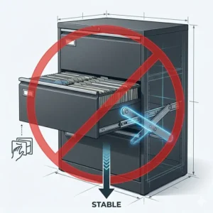 Illustration demonstrating the anti-tip safety mechanism of a heavy duty file cabinet for office safety.