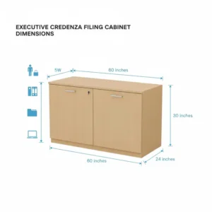 Technical diagram showing the height and width measurements of a standard executive credenza filing cabinet.