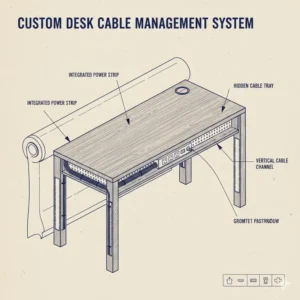 A technical drawing of a custom desk featuring built-in power strips and hidden cable trays.