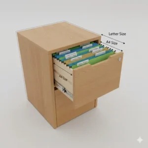 Interior view of an oak filing cabinet 2 drawer organized with A4 and letter hanging files.